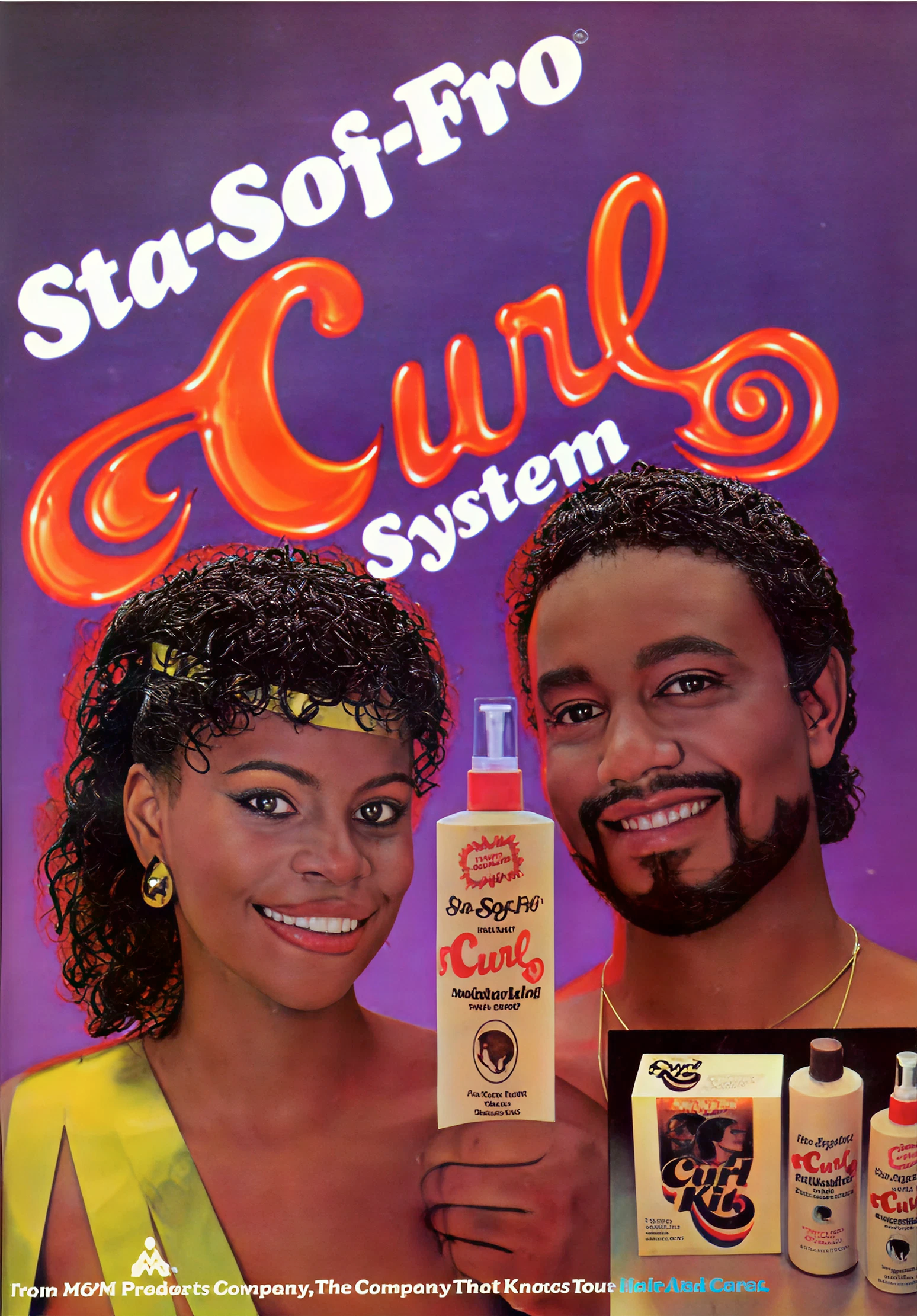 Vintage advertisement poster for Sta-Sof-Fro Curl System featuring a man and a woman holding curl products, classic 80s styling.