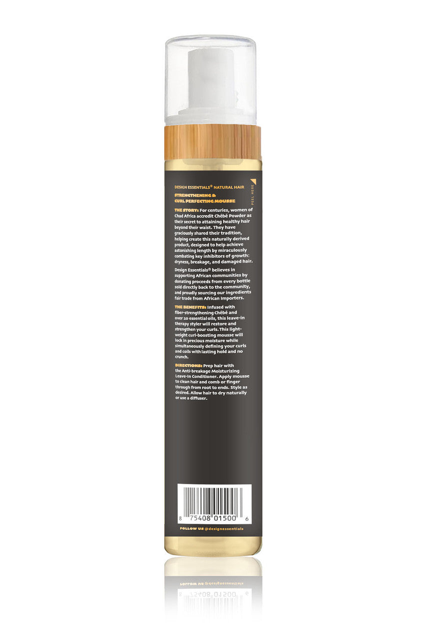 Back label of Design Essentials® African Chébé Strengthening & Curl Perfecting Mousse, showcasing ingredients and usage instructions for lightweight curl-boosting and lasting hold.