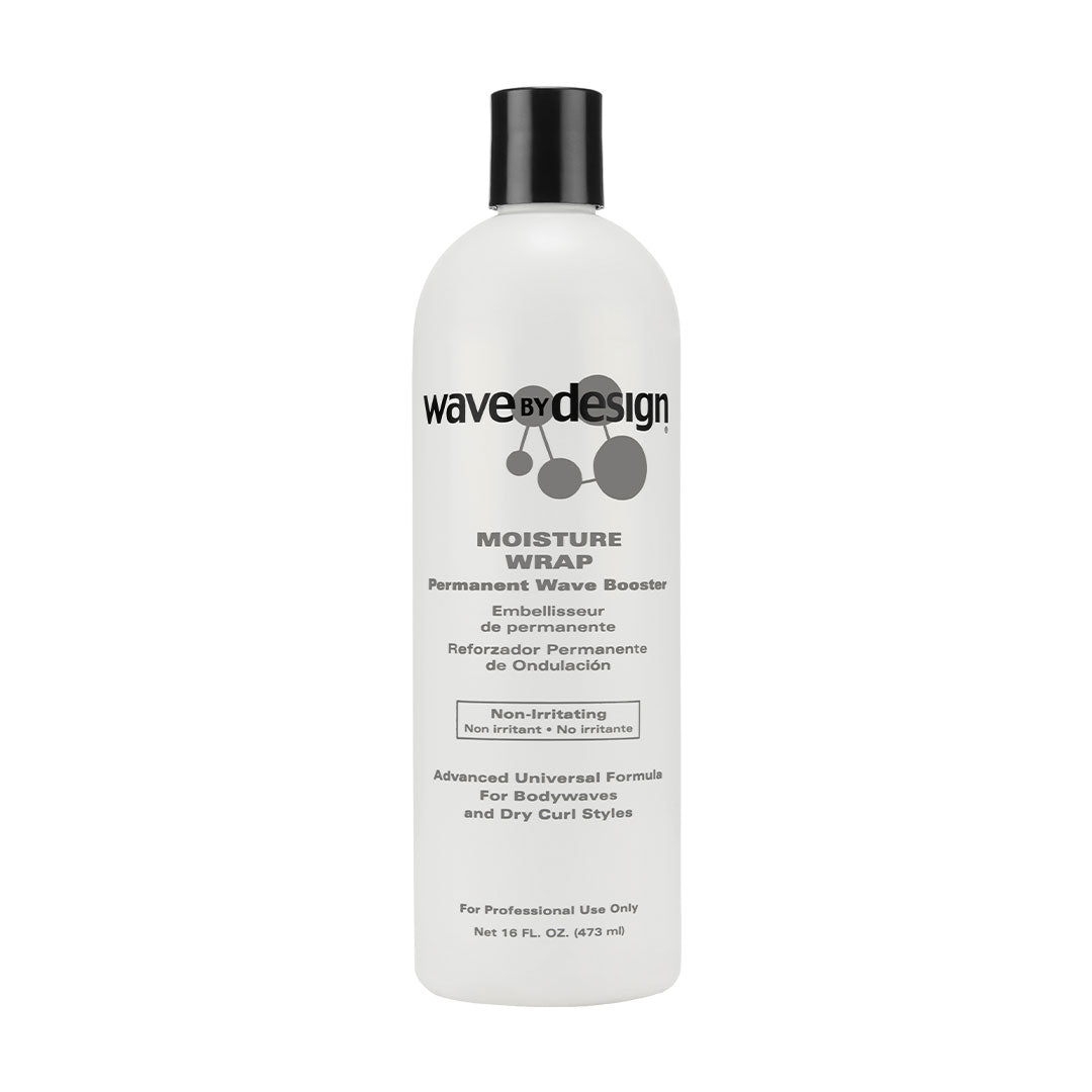 Wave By Design Moisture Wrap Permanent Wave Booster, 16 oz bottle. A professional-use formula with ammonium thioglycolate, designed to soften hair bonds for achieving desired permanent wave configurations, enriched with moisturizers and light oils to alleviate dryness during the chemical process.